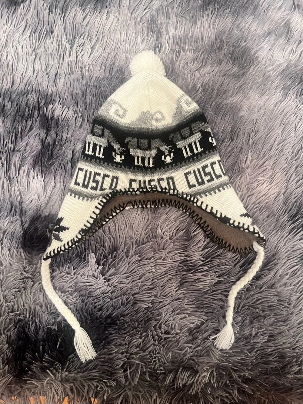 Cusco Black & White Peruvian Earflap Pom Beanie